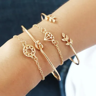 Women Vintage Geometric Leaves Knot Open Bracelet